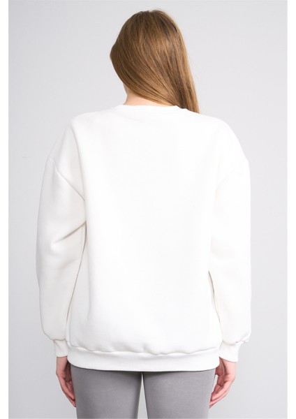 Çetinkaya Fithit 8600 Kadın Bisiklet Yaka 3 Iplik Oversize Baskılı Sweatshirt Krem