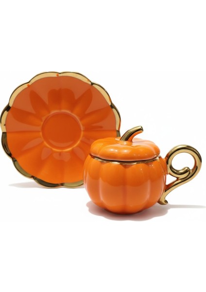 Yaldızlı Kapaklı Porselen Turuncu Bal Kabağı Kahve Fincan Takımı – 6 Kişilik modelleri