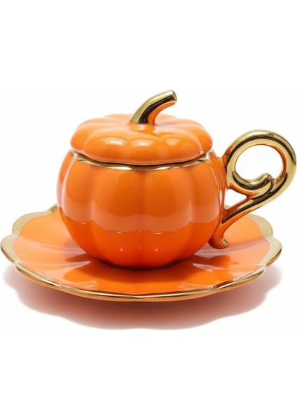 Yaldızlı Kapaklı Porselen Turuncu Bal Kabağı Kahve Fincan Takımı – 6 Kişilik fırsatları