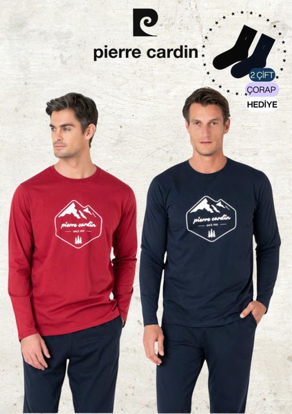 Erkek %100 Pamuk Uzun Kollu Desenli Bordo & Lacivert Iki Adet Pijama Takımı L1.PC.6097.002