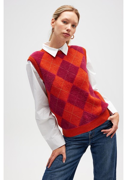 Yui Baklavalı Kadın Triko Süveter - Turuncu Multi