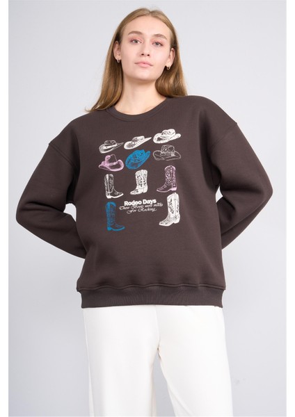 Çetinkaya Fithit 8395 Kadın Bisiklet Yaka 3 Iplik Oversize Baskılı Sweatshirt Kahve fiyatları