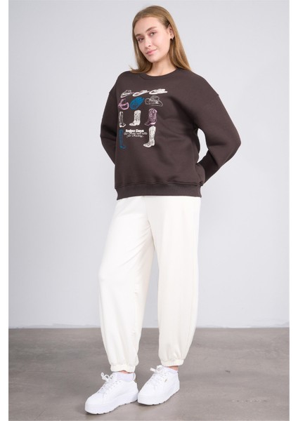 Çetinkaya Fithit 8395 Kadın Bisiklet Yaka 3 Iplik Oversize Baskılı Sweatshirt Kahve modelleri