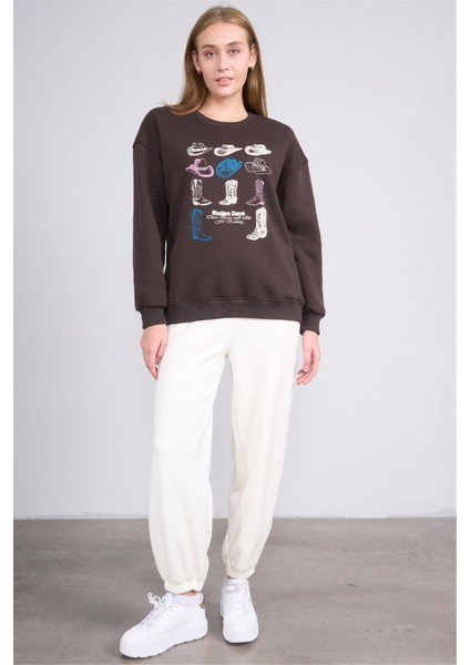 Çetinkaya Fithit 8395 Kadın Bisiklet Yaka 3 Iplik Oversize Baskılı Sweatshirt Kahve fırsatları