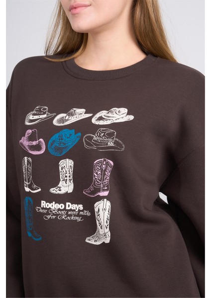 Çetinkaya Fithit 8395 Kadın Bisiklet Yaka 3 Iplik Oversize Baskılı Sweatshirt Kahve indirimleri