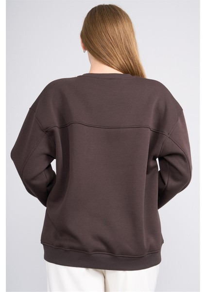 Çetinkaya Fithit 8395 Kadın Bisiklet Yaka 3 Iplik Oversize Baskılı Sweatshirt Kahve