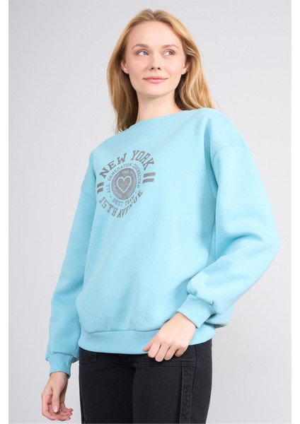 Çetinkaya Fithit 8568 Kadın Bisiklet Yaka 3 Iplik Oversize Baskılı Sweatshirt Bulut Mavisi modelleri