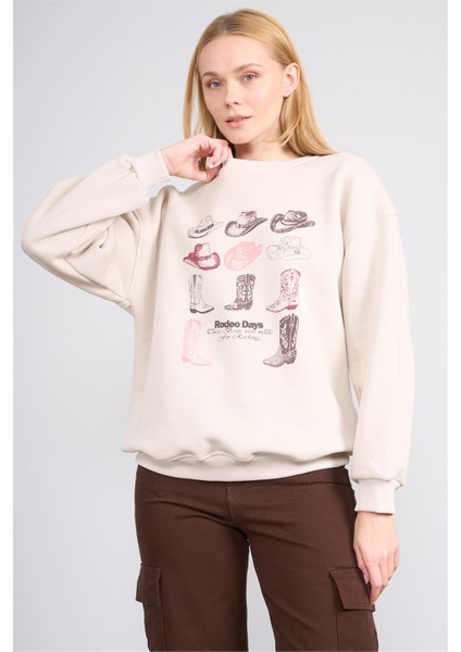 Çetinkaya Fithit 8568 Kadın Bisiklet Yaka 3 Iplik Oversize Baskılı Sweatshirt Bulut Mavisi fırsatları