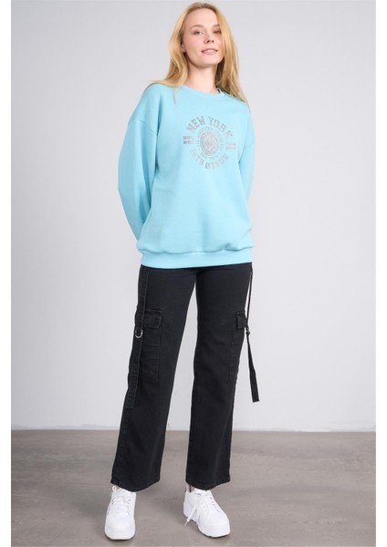 Çetinkaya Fithit 8568 Kadın Bisiklet Yaka 3 Iplik Oversize Baskılı Sweatshirt Bulut Mavisi indirimleri