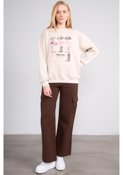 Çetinkaya Fithit 8568 Kadın Bisiklet Yaka 3 Iplik Oversize Baskılı Sweatshirt Bulut Mavisi