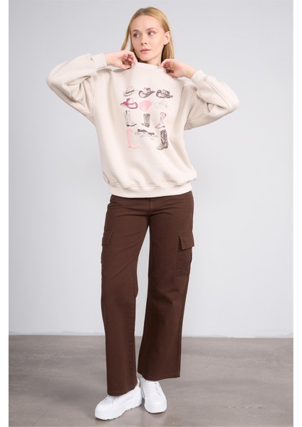 Çetinkaya Fithit 8568 Kadın Bisiklet Yaka 3 Iplik Oversize Baskılı Sweatshirt Bulut Mavisi