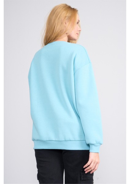 Çetinkaya Fithit 8568 Kadın Bisiklet Yaka 3 Iplik Oversize Baskılı Sweatshirt Bulut Mavisi