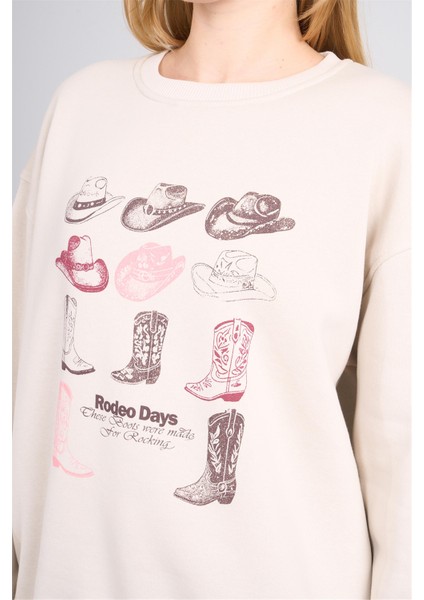 Çetinkaya Fithit 8568 Kadın Bisiklet Yaka 3 Iplik Oversize Baskılı Sweatshirt Bulut Mavisi