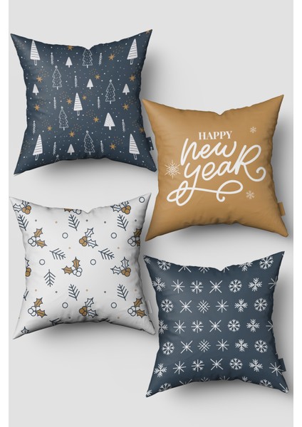 Lacivert Sarı Çam Ağacı ve Kar Taneleri Yılbaşı 4'lü Kırlent Kılıfı Seti