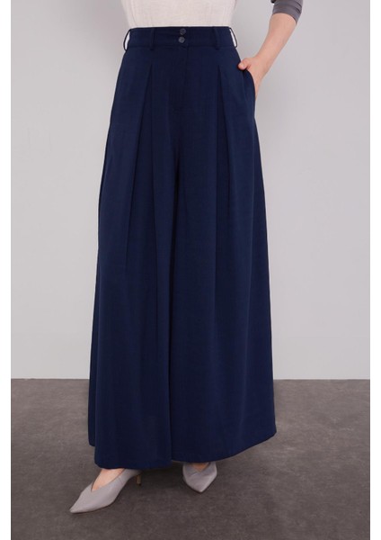 Lacivert Geniş Paça Piliseli Pantolon Etek