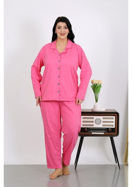 Kadın Büyük Beden Pamuklu Cepli Düğmeli Pembe Pijama Takım
