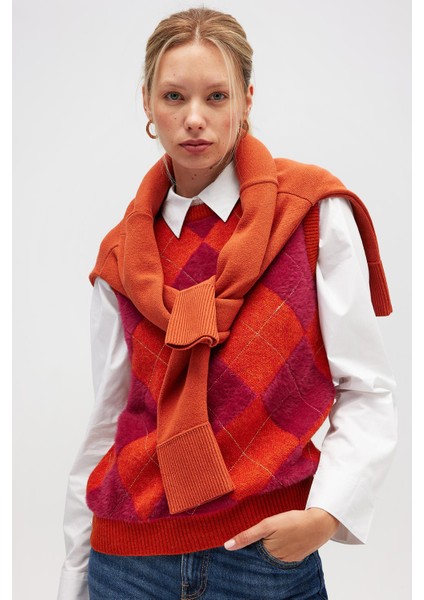 Yui Baklavalı Kadın Triko Süveter - Turuncu Multi indirimleri