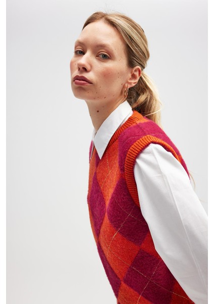 Yui Baklavalı Kadın Triko Süveter - Turuncu Multi