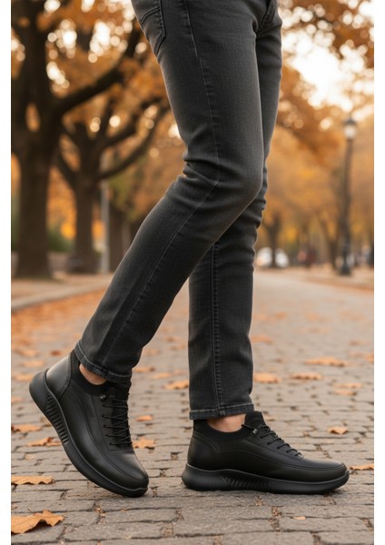 Siyah Floter Hakiki Deri Lastik Bağcıklı Erkek Günlük Ayakkabı 110 M