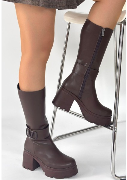 Moki Kahverengi Cilt Topuklu Çizme