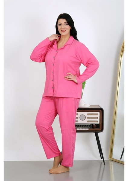 Kadın Büyük Beden Pamuklu Cepli Düğmeli Pembe Pijama Takım fiyatları