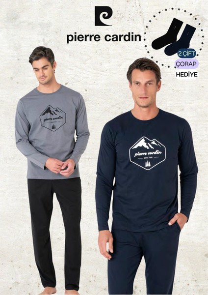 Erkek %100 Pamuk Uzun Kollu Desenli Koyu Gri & Lacivert Iki Adet Pijama Takımı L1.PC.6097.002