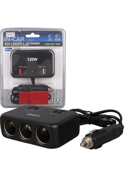 1656 12-24V Çift USB + Çift Type-C 120W 80CM Kablolu 3'lü Araç Çakmak Çoklayıcı