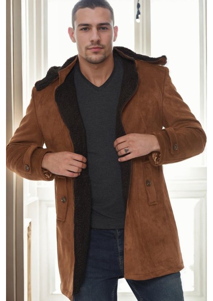 PLT9399 Dewberry Süet Görünümlü Erkek Palto-Açık Camel