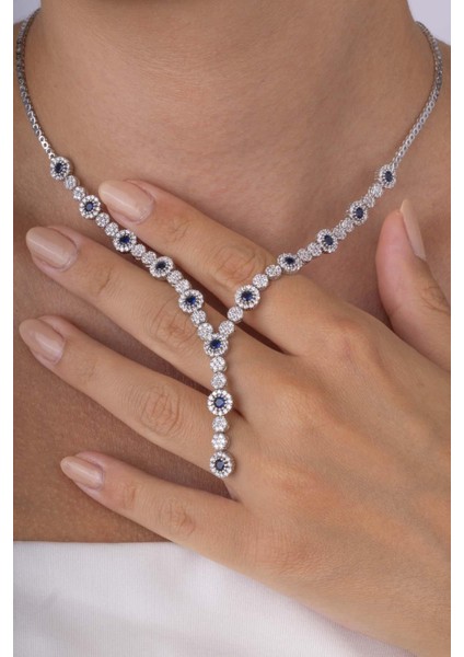 Safir Taşlı Su Yolu Pırlanta Montür Rodyum Kaplama Gümüş Kolye