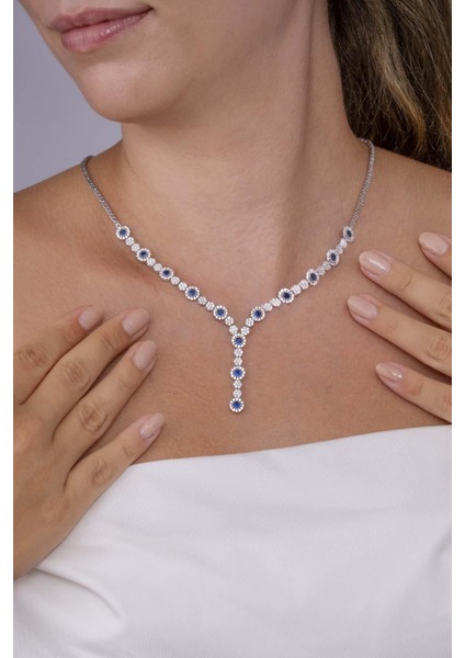 Safir Taşlı Su Yolu Pırlanta Montür Rodyum Kaplama Gümüş Kolye modelleri