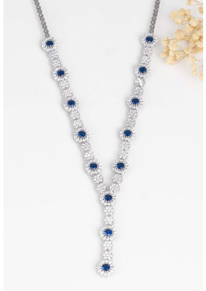 Safir Taşlı Su Yolu Pırlanta Montür Rodyum Kaplama Gümüş Kolye fırsatları