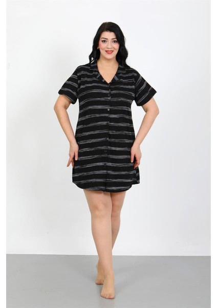 Büyük Beden Penye Düğmeli Siyah Tunik Gecelik