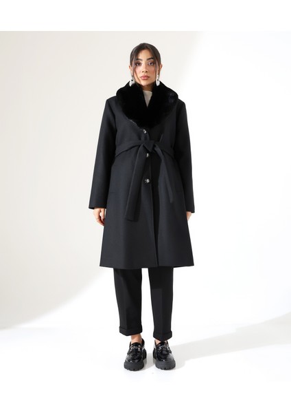 Kadın Şal Yaka Kürk Kısa Kaşe Büyük Beden Kaban