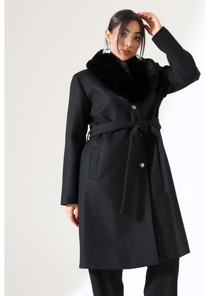 Kadın Şal Yaka Kürk Kısa Kaşe Büyük Beden Kaban