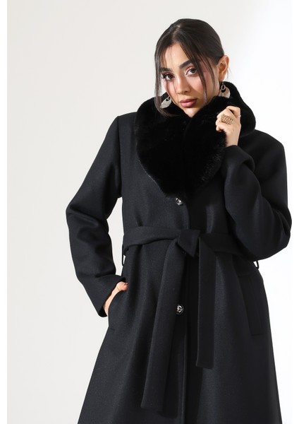 Kadın Şal Yaka Kürk Kısa Kaşe Büyük Beden Kaban