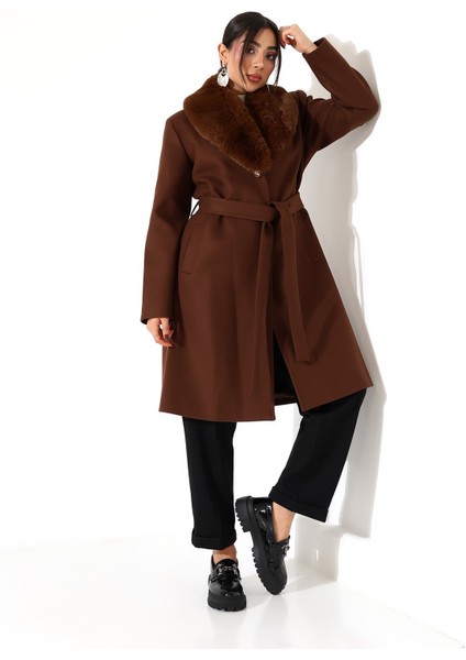 Kadın Şal Yaka Kürk Kısa Kaşe Büyük Beden Kaban