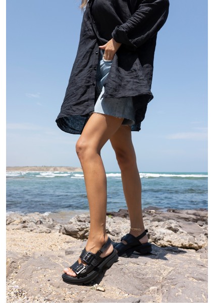 Mati Kadin Siyah Gercek Deri Tokali Sandalet