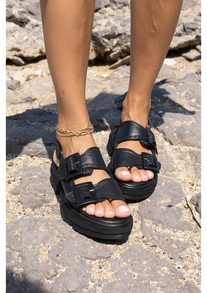 Mati Kadin Siyah Gercek Deri Tokali Sandalet