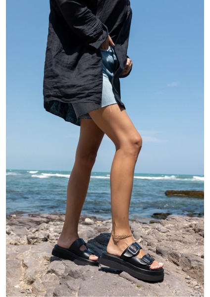 Torti Kadin Siyah Gercek Deri Tokali Sandalet