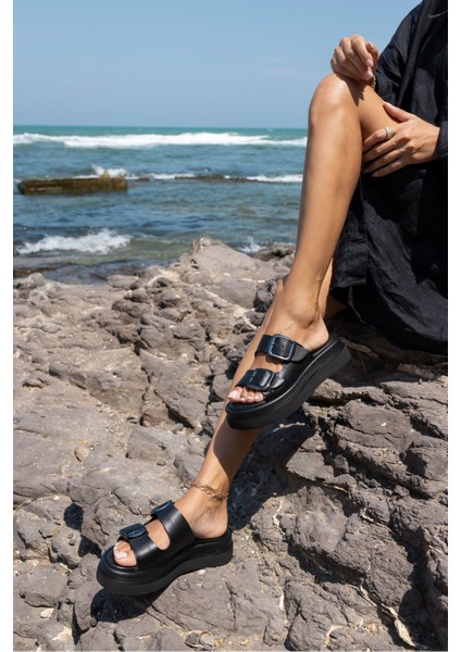 Torti Kadin Siyah Gercek Deri Tokali Sandalet