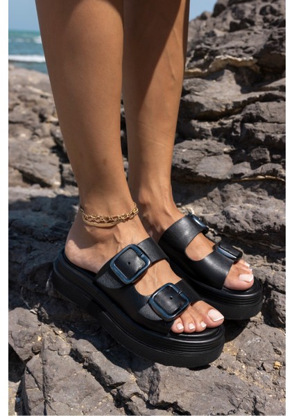 Torti Kadin Siyah Gercek Deri Tokali Sandalet