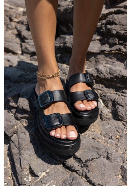 Torti Kadin Siyah Gercek Deri Tokali Sandalet