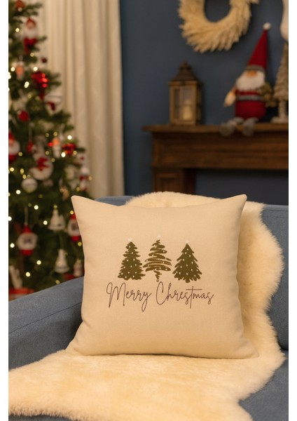 Merry Christmas Yazılı Ağaç Desenli Dekoratif Yastık Kılıfı | Işlemeli Yılbaşı Yastığı
