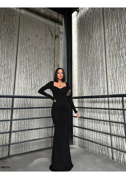 Kalp Yaka Balık Model Flowers Kumaş Abiye Elbise Siyah 583114 fırsatları