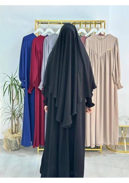 Tesettür Elbise,önü V Model Büzgülü,sufle Esarpla Takım.hijap ,khimar.hac Umre Için Uygundur Siyah fiyatları