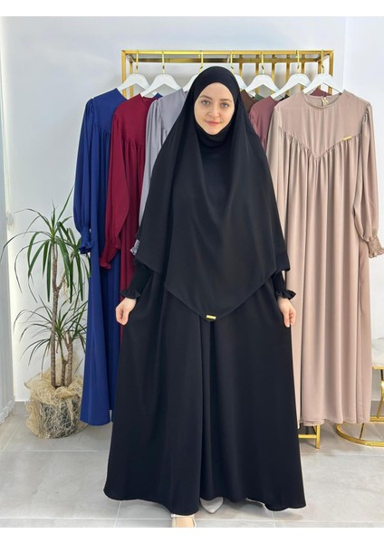 Tesettür Elbise,önü V Model Büzgülü,sufle Esarpla Takım.hijap ,khimar.hac Umre Için Uygundur Siyah modelleri