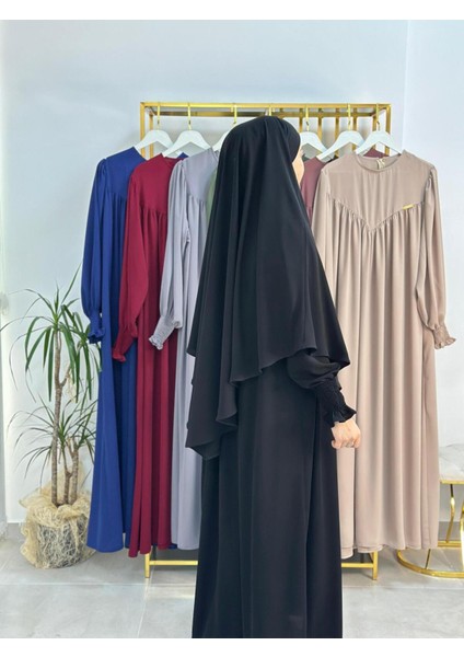 Tesettür Elbise,önü V Model Büzgülü,sufle Esarpla Takım.hijap ,khimar.hac Umre Için Uygundur Siyah fırsatları