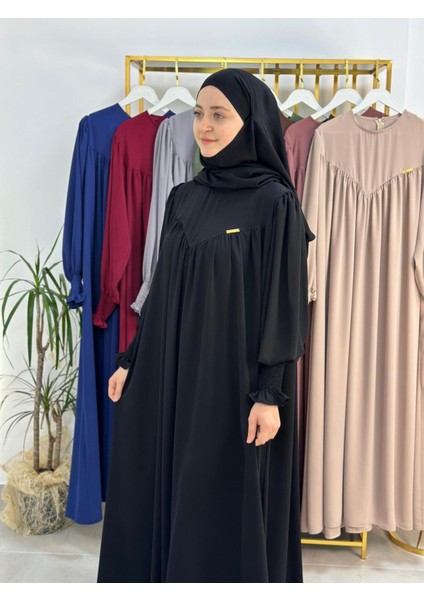 Tesettür Elbise,önü V Model Büzgülü,sufle Esarpla Takım.hijap ,khimar.hac Umre Için Uygundur Siyah indirimleri