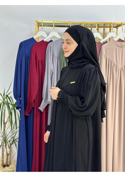 Tesettür Elbise,önü V Model Büzgülü,sufle Esarpla Takım.hijap ,khimar.hac Umre Için Uygundur Siyah