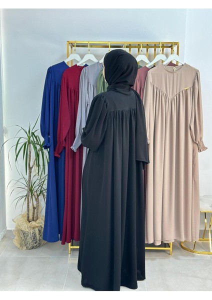 Tesettür Elbise,önü V Model Büzgülü,sufle Esarpla Takım.hijap ,khimar.hac Umre Için Uygundur Siyah